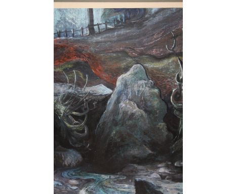 A FRAMED AND GLAZED ABSTRACTED MIXED MEDIA LANDSCAPE ENTITLED 'ENTRANCE TO MYSTERY' SIGNED ALLAN R - 48 CM BY 38 CM