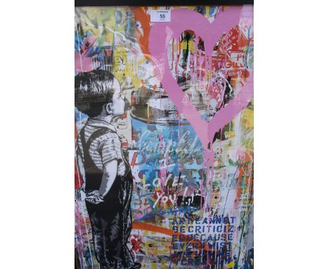 A FRAMED AND GLAZED MR BRAINWASH PRINT OF A BOY WITH CERTIFICATE OVERALL SIZE INCLUDING FRAME 75CM X 55CM 