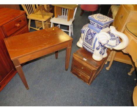 A LARGE CERAMIC ELEPHANT, MUSIC TABLE AND HARDWOOD CABINET (3)