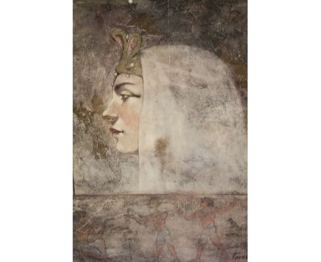 A LARGE MODERN GILT FRAMED EGYPTIAN PORTRAIT PRINT OVERALL SIZE INCLUDING FRAME - 80 CM BY 92 CM