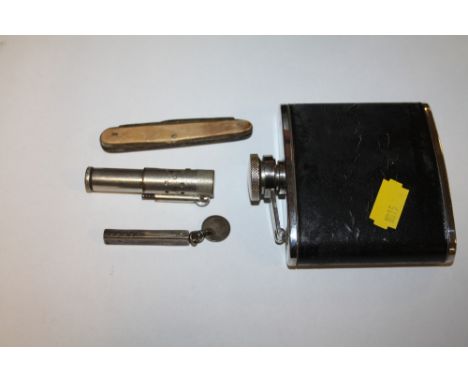 A HALLMARKED SILVER COMBINATION PROPELLING PENCIL PENKNIFE, TOGETHER WITH ANOTHER PENKNIFE, VINTAGE LIGHTER AND A HIP FLASK (