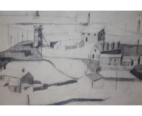 AN UNFRAMED PENCIL SKETCH OF A MINING TOWN SCENE IN THE STYLE OF LAURENCE STEPHEN LOWRY BEARS SIGNATURE LOWER RIGHT SIZE - 29