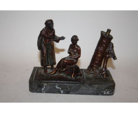 A COLD PAINTED BRONZE FIGURATIVE TABLE LIGHTER ON MARBLE BASE