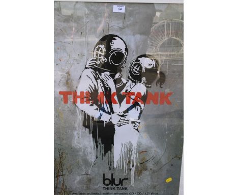A FRAMED AND GLAZED BANKSY BLUR THINK TANK PRINT OVERALL SIZE INC FRAME - 80.5CM X 55.5CM 