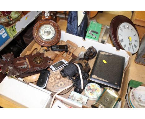 A TRAY OF COLLECTABLES TO INCLUDE A CARVED MAHOGANY BAROMETER, BINOCULARS ETC