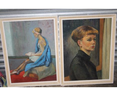 A FRAMED OIL ON BOARD PORTRAIT STUDY OF A LADY SIGN L ARROWSMITH TOGETHER WITH A OIL OF A SEATED BALLERINA (2)