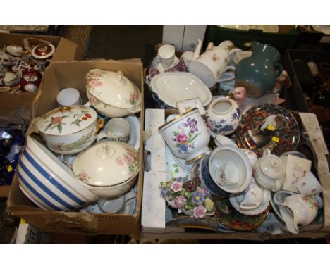 THREE BOXES OF ASSORTED CHINA AND CERAMIC TO INCLUDE CABINET PLATES, FLORAL TEA AND COFFEE POTS - SOME SIGNED V BULMER