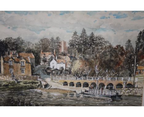 A FRAMED AND GLAZED&nbsp;WATERCOLOUR&nbsp; ENTITLED ARLEY FERRY (WORCS) SIGNED R W DICKENS LOWER CENTRE - 50.5 CM BY 36.5 CM