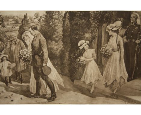 A VINTAGE OAK FRAMED BLACK AND WHITE PRINT OF A MILITARY WEDDING SCENE BY A PEARSE - OVERALL SIZE INC FRAME 85.5 CM BY 68 CM