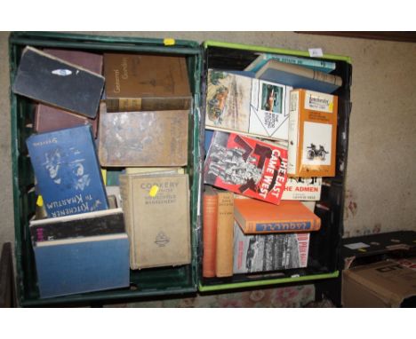 TWO BOXES OF VINTAGE BOOKS TO INCLUDE WAR AND COOKERY INTEREST (PLASTIC TRAYS NOT INCLUDED)