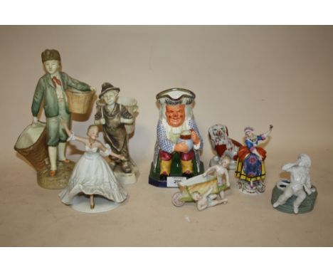 A SPODE TOBY JUG TOGETHER WITH A COLLECTION OF ASSORTED FIGURES TO INCLUDE A STAFFORDSHIRE STYLE DOG FIGURE, FIGURE WITH ANCH