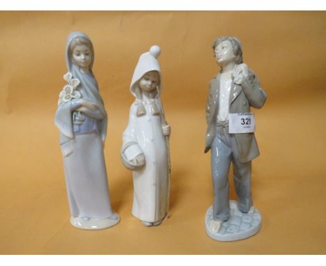 TWO FEMALE LLADRO FIGURES OF A GIRL WITH FLOWERS AND A GIRL WITH BASKET TOGETHER WITH A MALE NAO FIGURE (3)