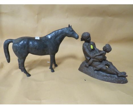 A LIMITED EDITION SCULPTURE OF A WOMAN AND CHILD INITIALLED K J TOGETHER WITH A FIBRE GLASS FIGURE OF A HORSE A/F