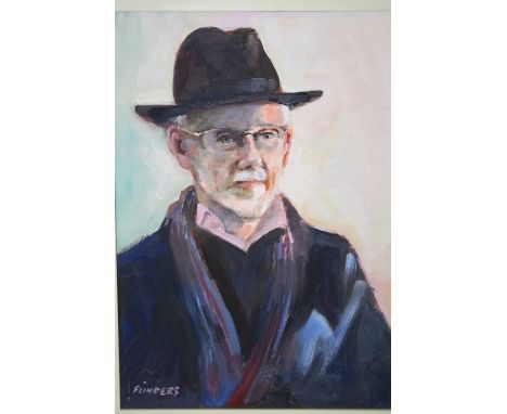 A FRAMED OIL ON BOARD PORTRAIT STUDY OF A GENTLEMAN IN A HAT ENTITLED 'MAKE ME AN OFFER ON THIS VOLVO' SIGNED FLINDERS LOWER 
