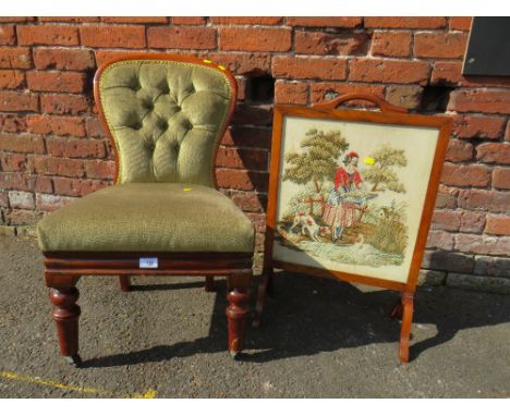 A VICTORIAN MAHOGANY FRAMED BEDROOM CHAIR AND A FIRESCREEN (2)