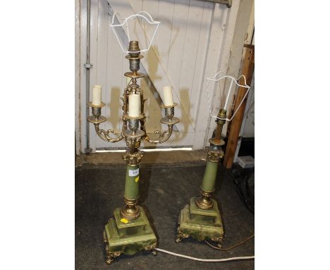 TWO ONYX AND BRASS EFFECT VINTAGE TABLE LAMPS TO INCLUDE A FIVE BRANCH EXAMPLE - TALLEST 72CM -  SMALLER 53CM WITH SHADES