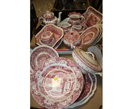 TWO TRAYS OF RED AND WHITE CHINA TO INCLUDE MASONS AND SPODE EXAMPLES 