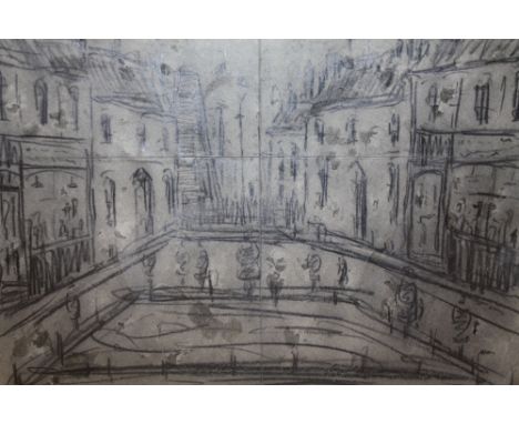 AN UNFRAMED PENCIL SKETCH OF A BUSY STREET SCENE IN SALFORD IN THE STYLE OF LAURENCE STEPHEN LOWRY BEARS SIGNATURE LOWER LEFT