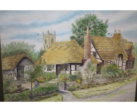 A GILT FRAMED AND GLAZED MIXED MEDIA OF THATCHED COTTAGES SIGNED R B TAYLOR 1986