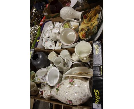 TWO TRAYS OF ASSORTED CERAMICS TO INCLUDE AYNSLEY COTTAGE GARDEN, POOLE VASE, SPODE ETC. 