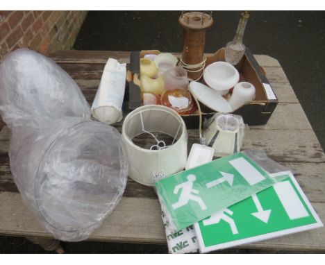 A SELECTION OF VARIOUS LAMP SHADES, DOME COVERS, EMERGENCY LIGHTING AND LAMP BASES ETC