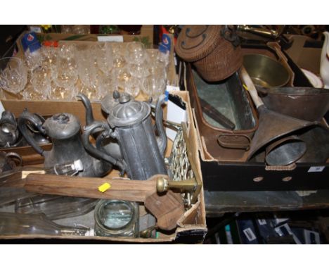 TWO TRAYS OF ASSORTED METALWARE TO INCLUDE A COPPER PLANTER, PEWTER COFFEE POTS ETC