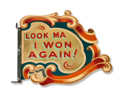 A set of five English painted plywood ticket signsCirca 1950sEach shaped panel painted on both sides with messages of encoura