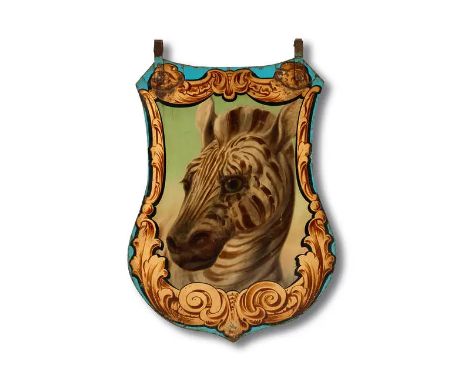 A rare cased set of twelve English painted fairground shieldsAttributed to A. S. Howell, circa 1900With twelve shield-shaped 