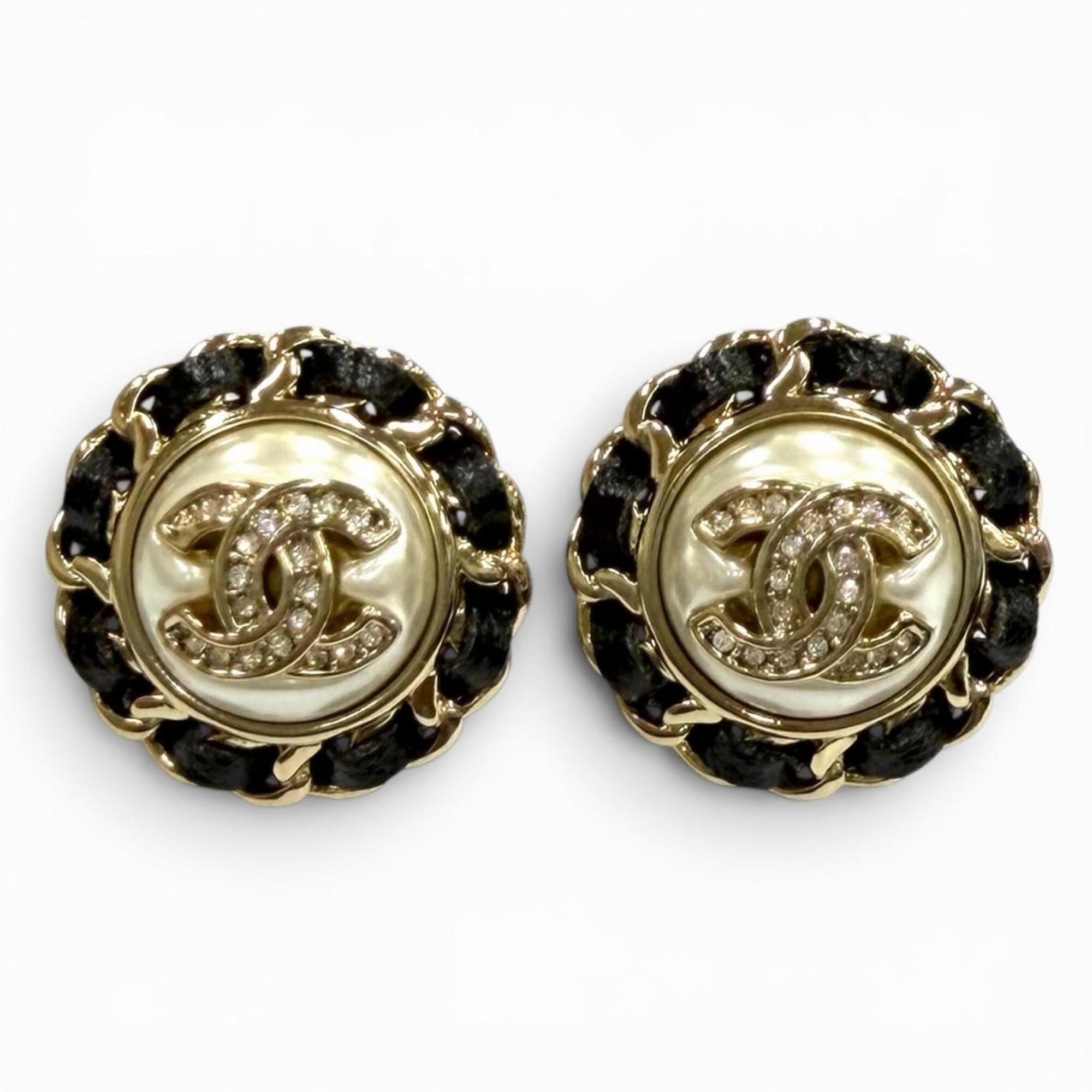 CHANEL B25 Coco Mark Crystal Leather Trim Pearl Earrings, White, Black, Gold Hardware, Made in Franc