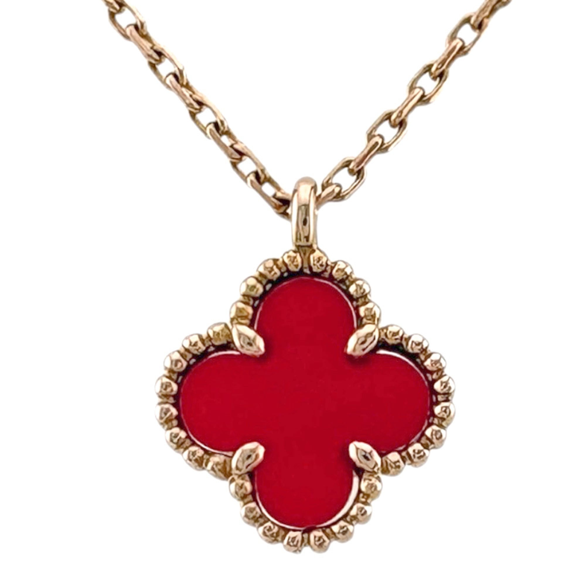 Van Cleef & Arpels Sweet Alhambra Necklace, 18K Pink Gold, Carnelian, Women\'s, Clover Design