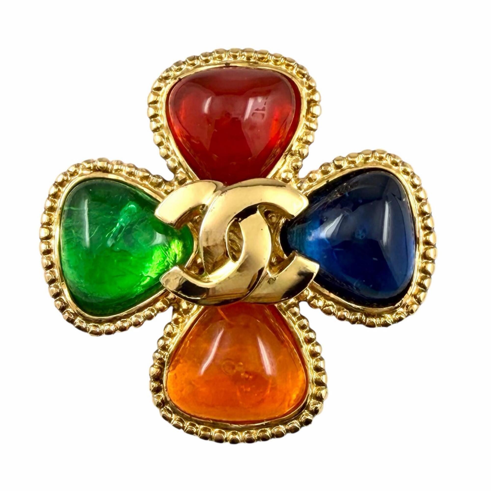 CHANEL Vintage 96A Coco Mark Gripoix Flower Brooch, Multi-colored, Gold Hardware, with Box, Made in