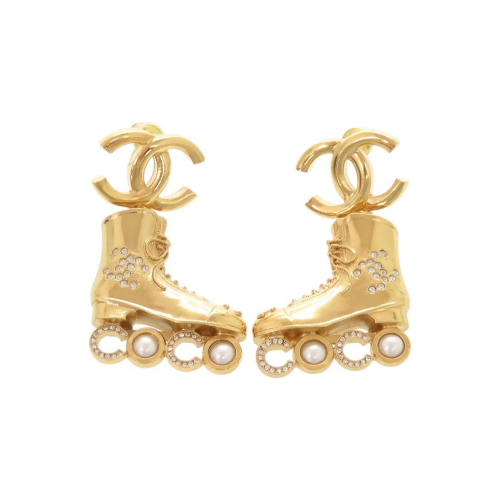 Unused Chanel Coco Mark Roller Skates Metal Rhinestone Faux Pearl Gold Earrings 1465CHANEL