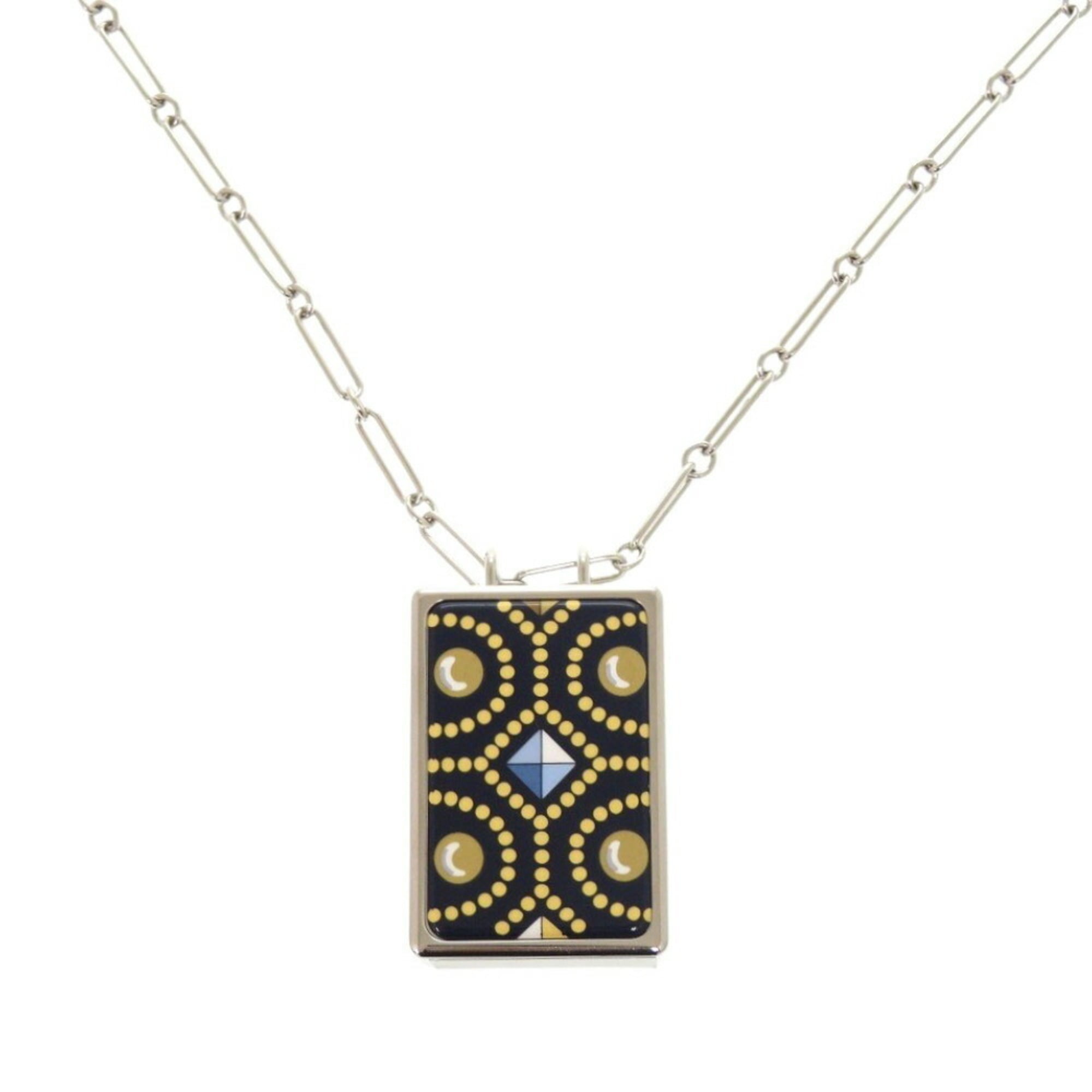 Like new Hermes Boite a Reve pendant metal silver navy necklace 1421HERMES