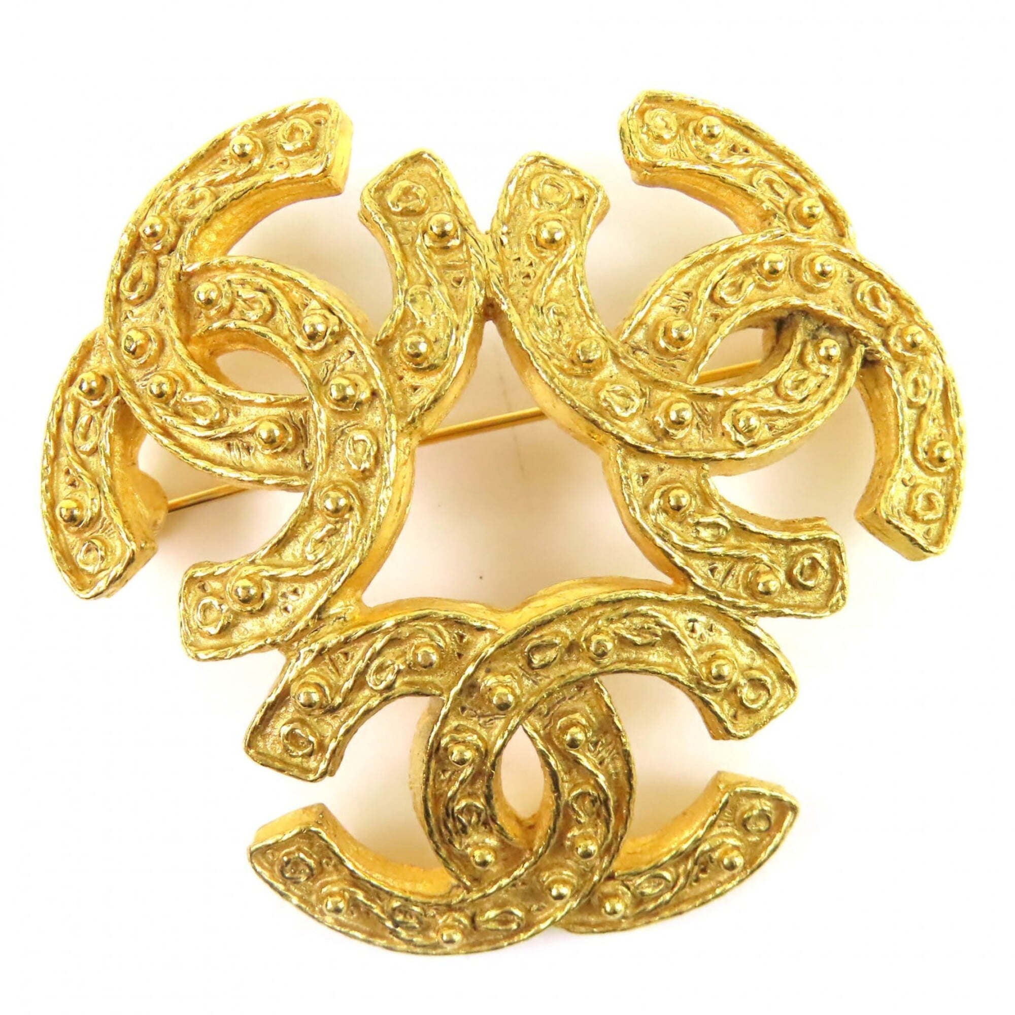 CHANEL Vintage 1994 (94A) Triple Coco Mark Brooch, Large Size, Gold, with Box, Made in France, Women