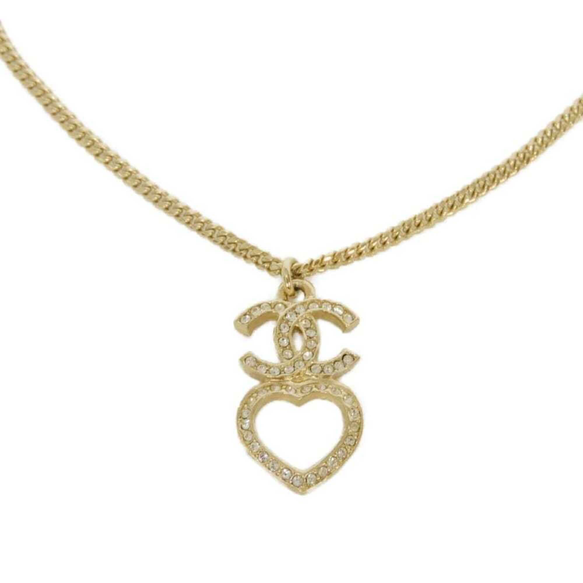 Chanel necklace, Coco Mark, heart, crystal, costume pearl, rhinestone, metal, F23B, CC mark, clear,