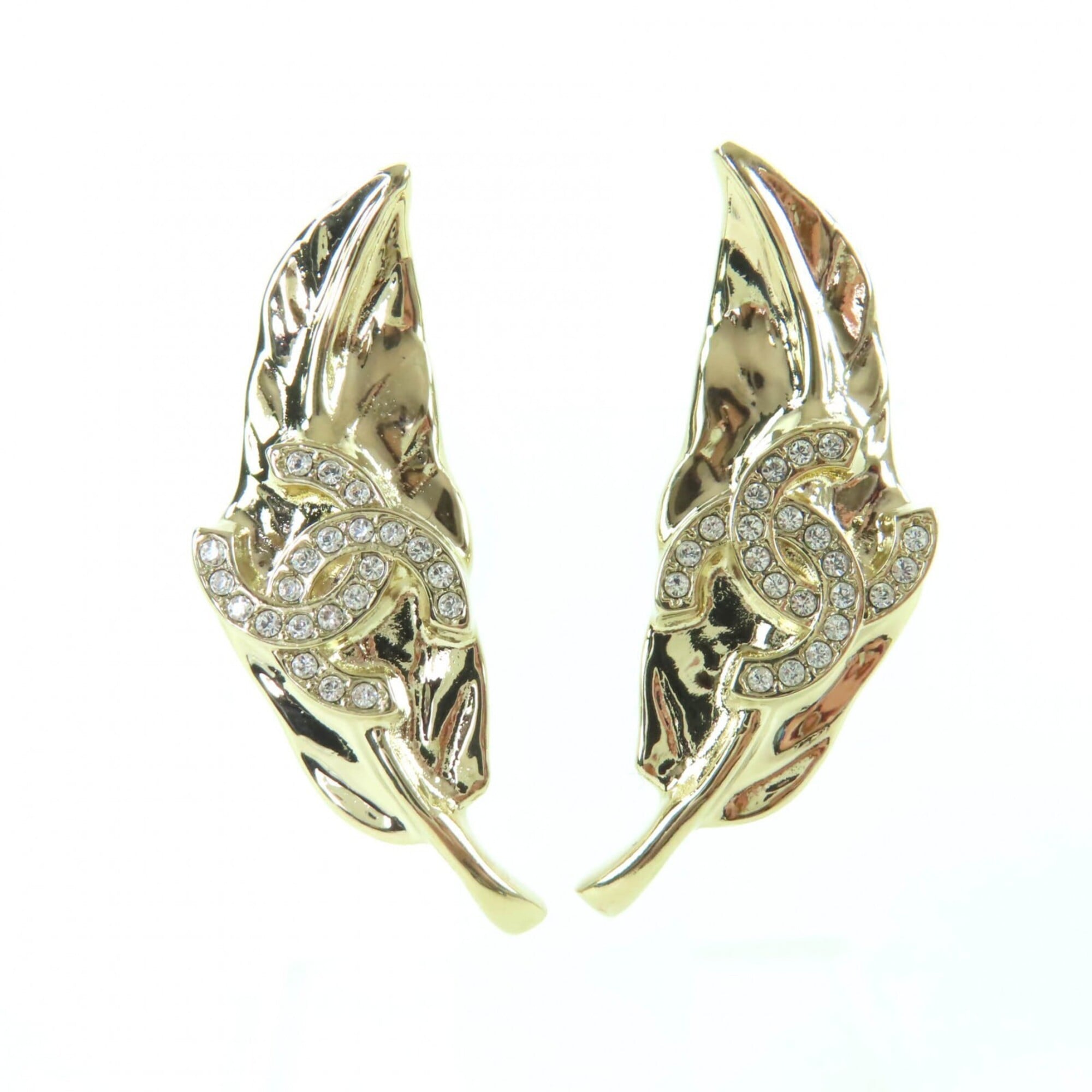 CHANEL I25A Coco Mark Leaf Design Rhinestone Earrings, Gold, Made in Italy, Women\'s