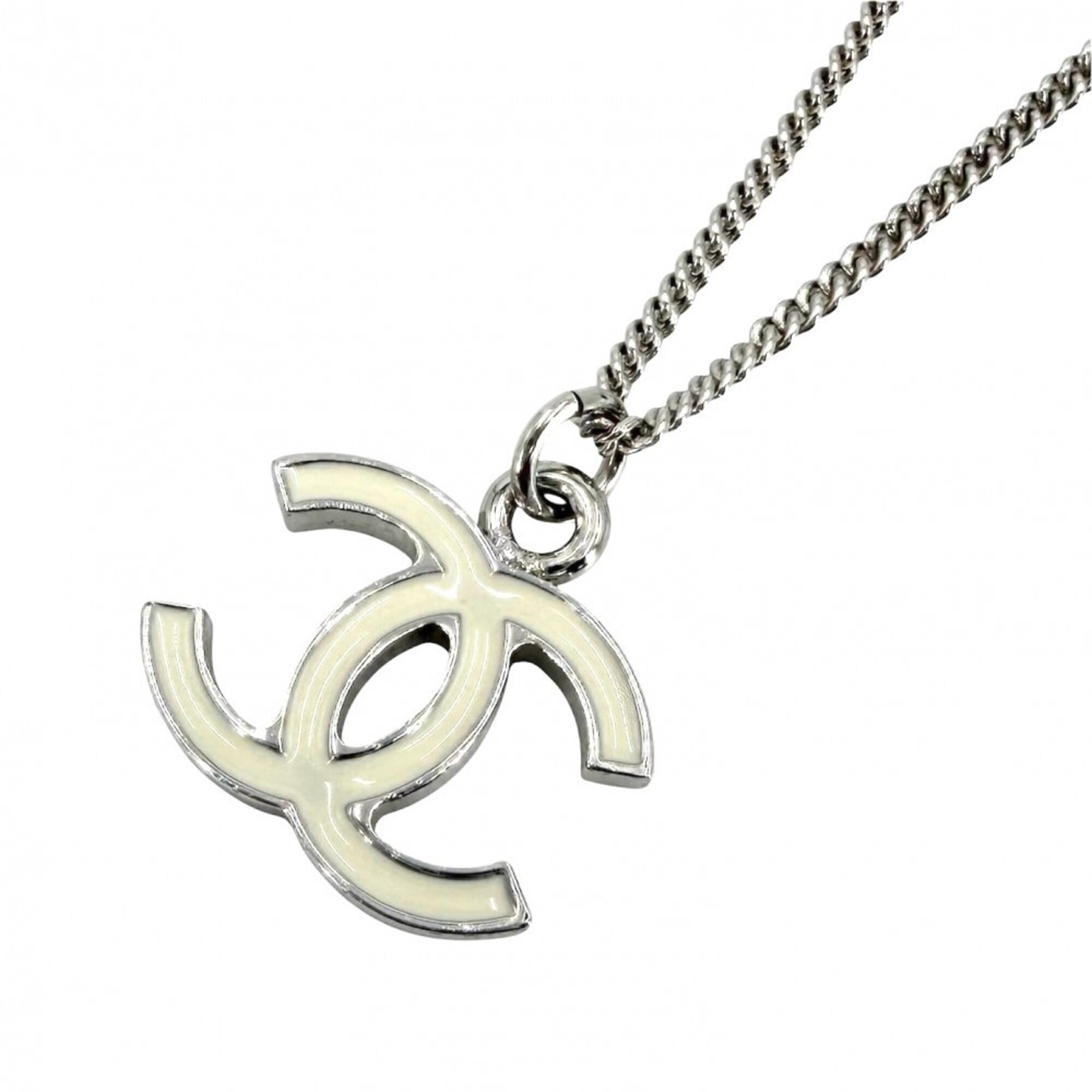Chanel Necklace for Women, Coco Mark, Silver/White, Approx. 6.2g, 2005 Model (05V)