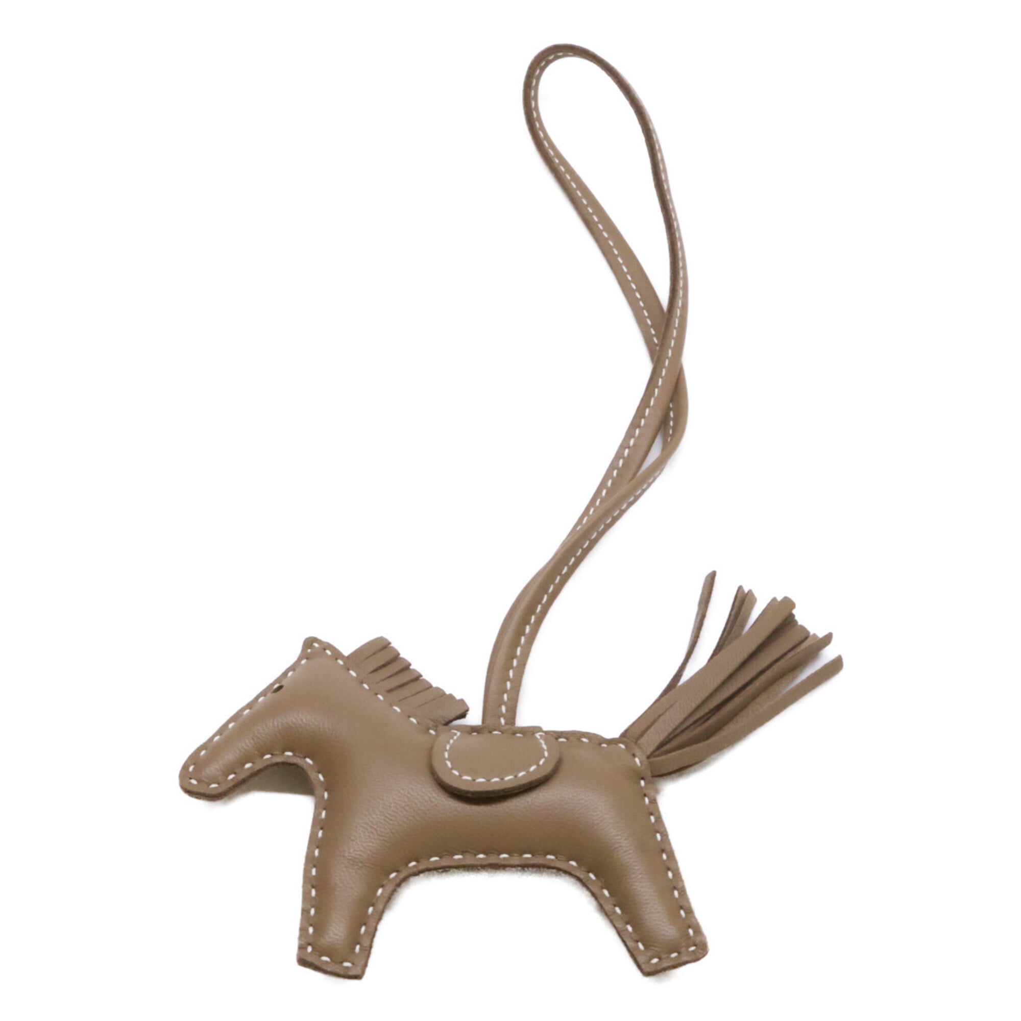 HERMES K stamp Agneau Milo Swift Rodeo PM bag charm, Etoupe, for women.