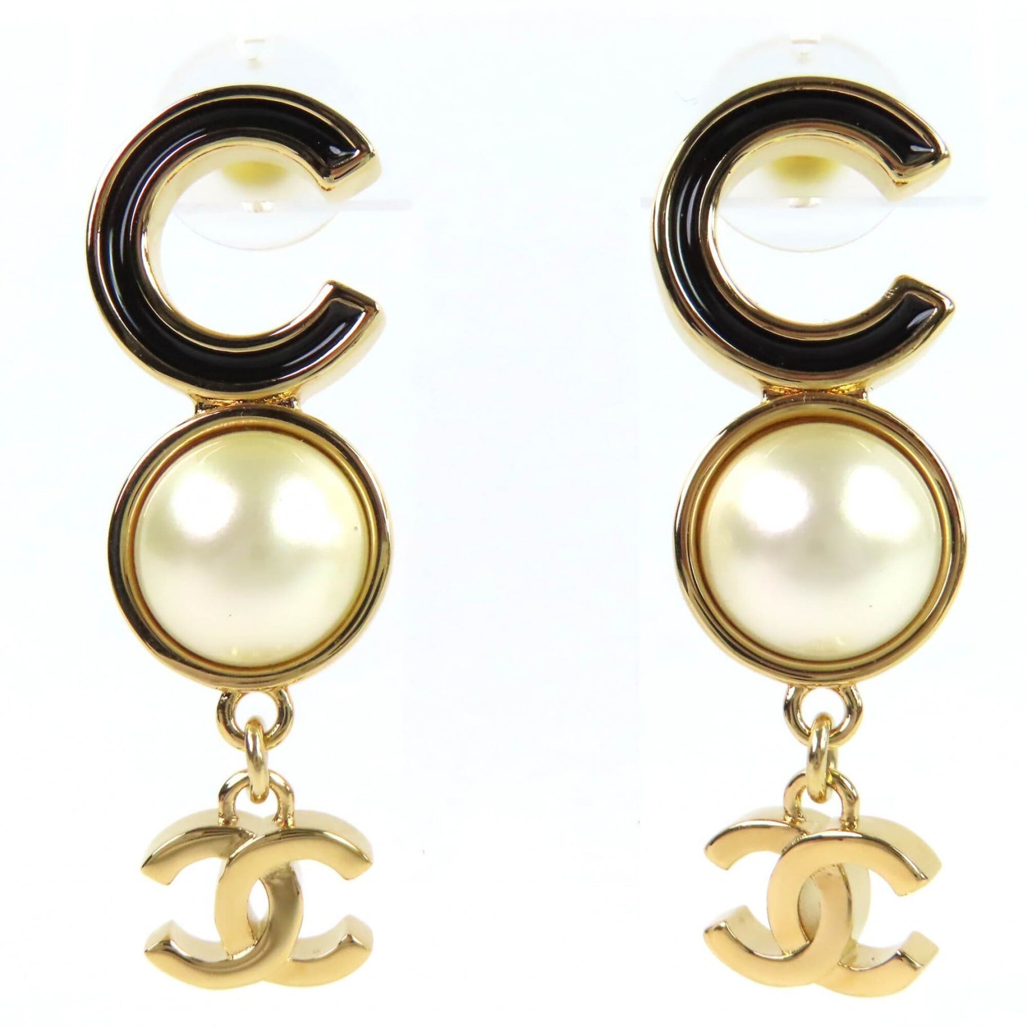 CHANEL ABE234 Coco Mark COCO Logo Faux Pearl Earrings (Pair) Gold Black Made in Italy Women\'s