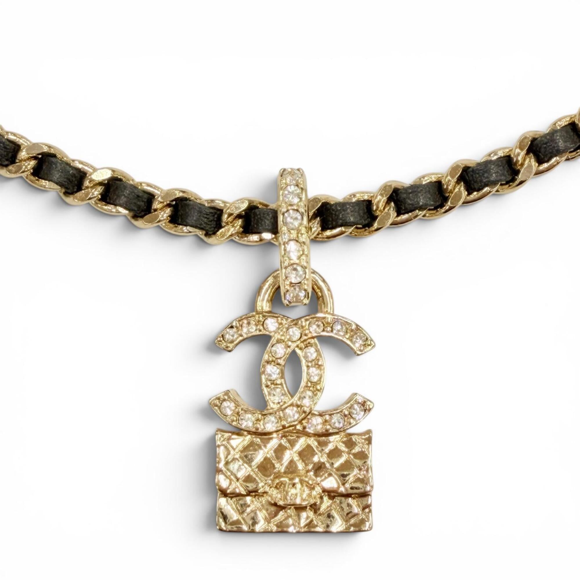 CHANEL A23B ABB548 Rhinestone Coco Mark MatelassŽ Bag Motif Chain Necklace, Gold & Black, Made in Fr