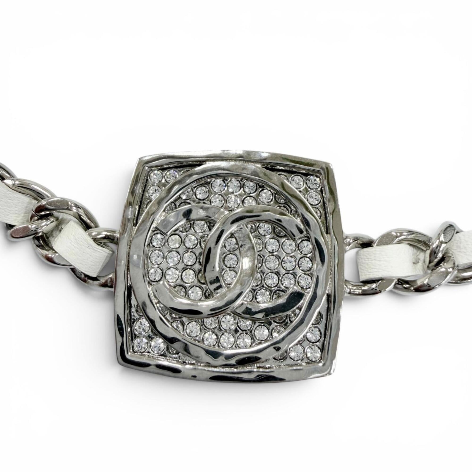 CHANEL (Chanel) 2025 Model B25C Coco Mark Rhinestone Leather Necklace Choker Silver White Made in It