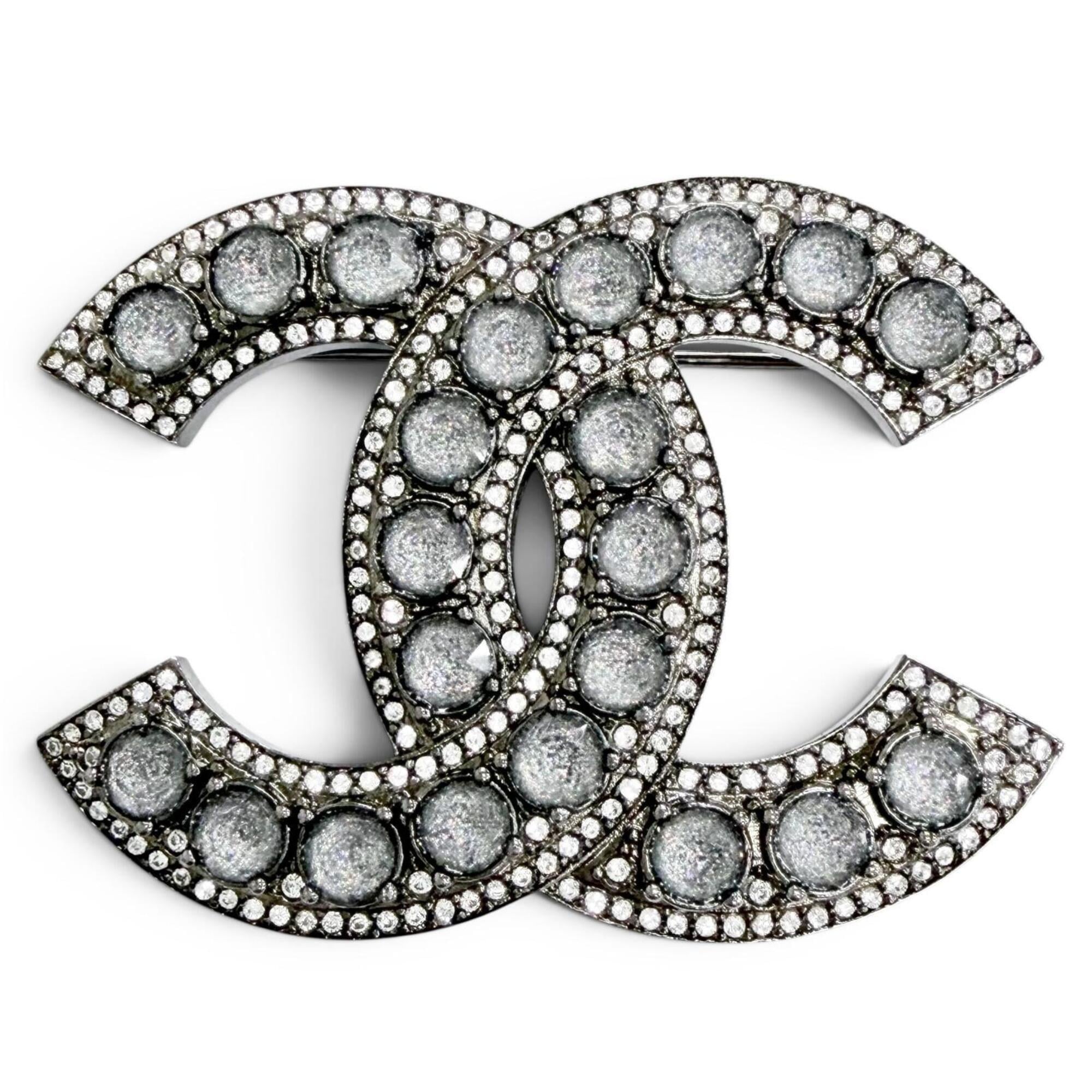 CHANEL C23B Coco Mark Rhinestone Gunmetal Brooch, Silver, Made in France, Women\'s, Comes with Box,