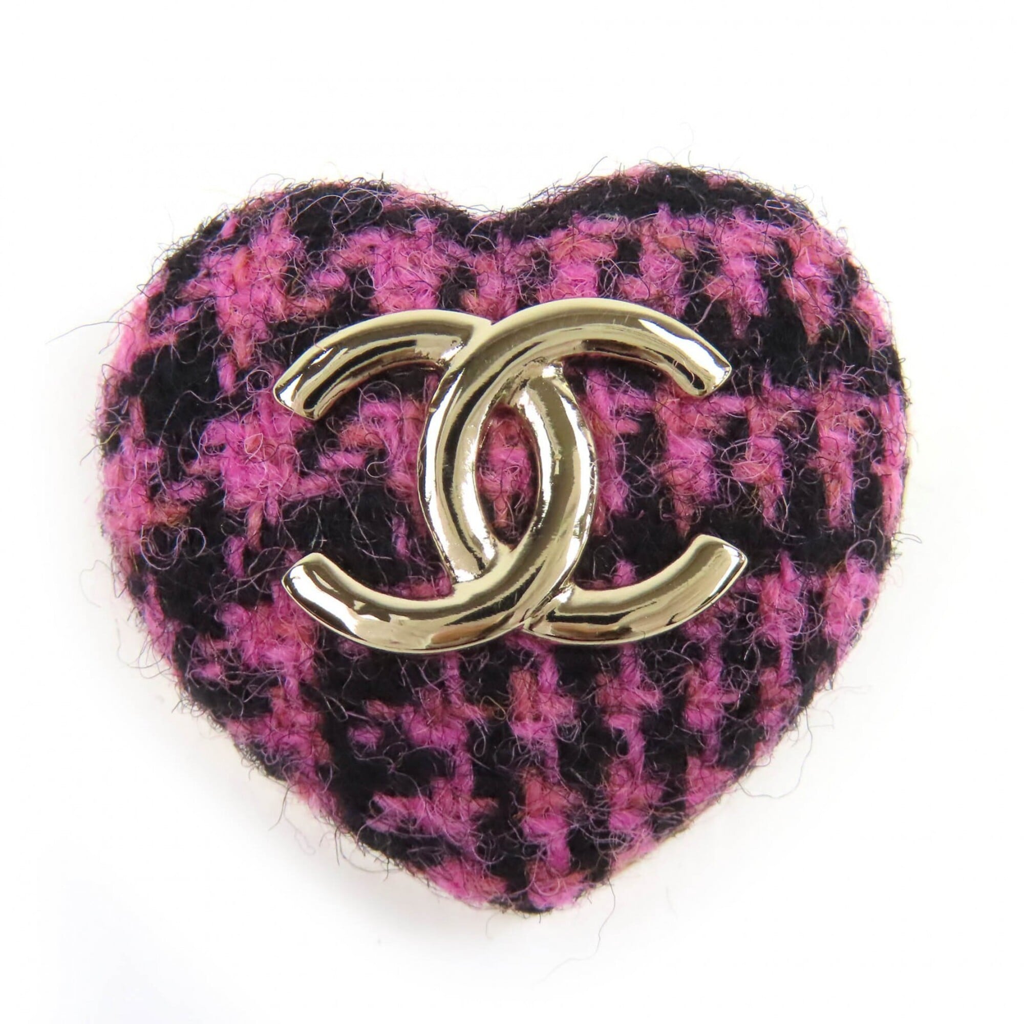 CHANEL B22K AB9496 Coco Mark Heart-Shaped Tweed Brooch, Pink, Black, Gold Hardware, with Box, Made i