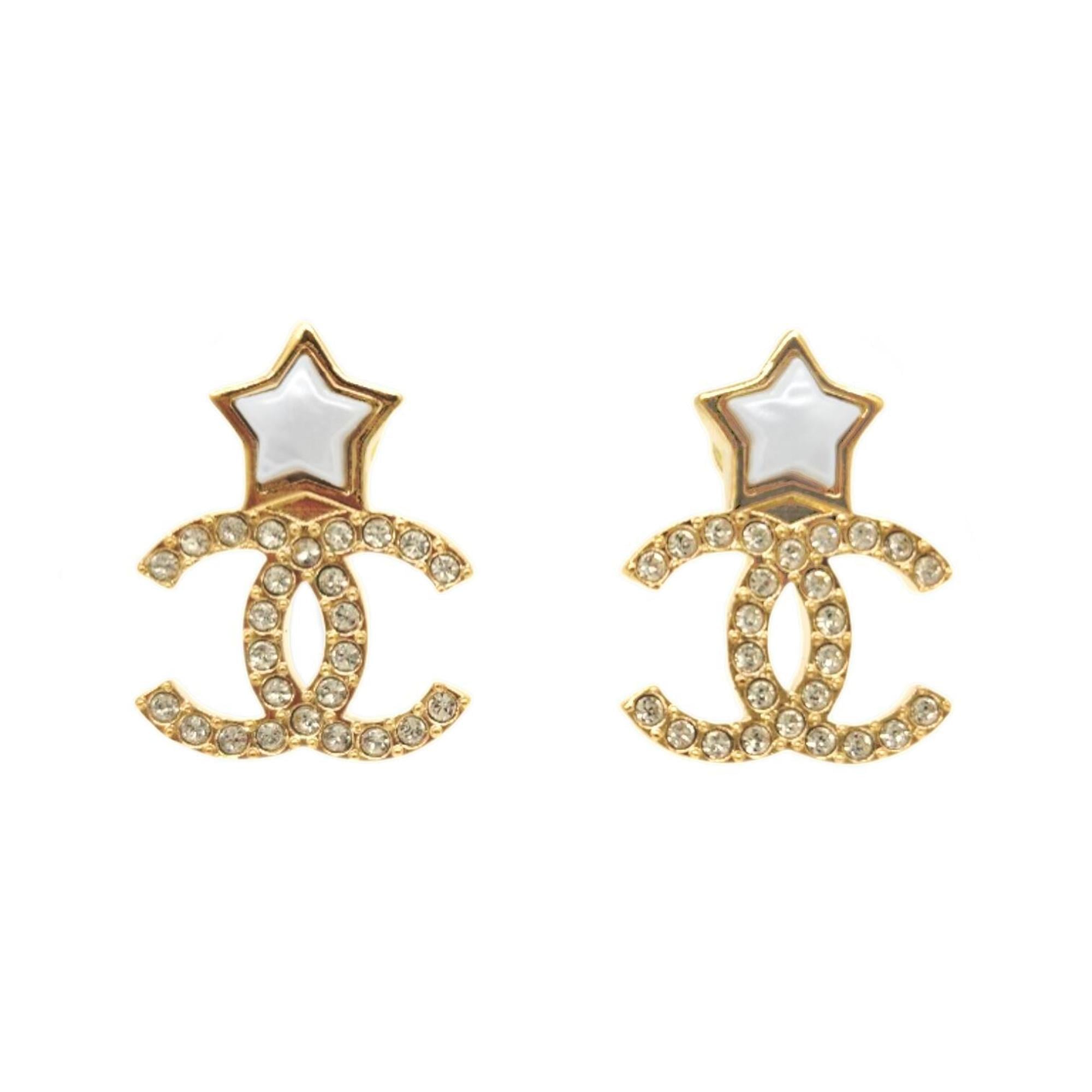 CHANEL Star Earrings, Metal, Gold, B25V, Rhinestone, Coco Mark, White, Women\'s