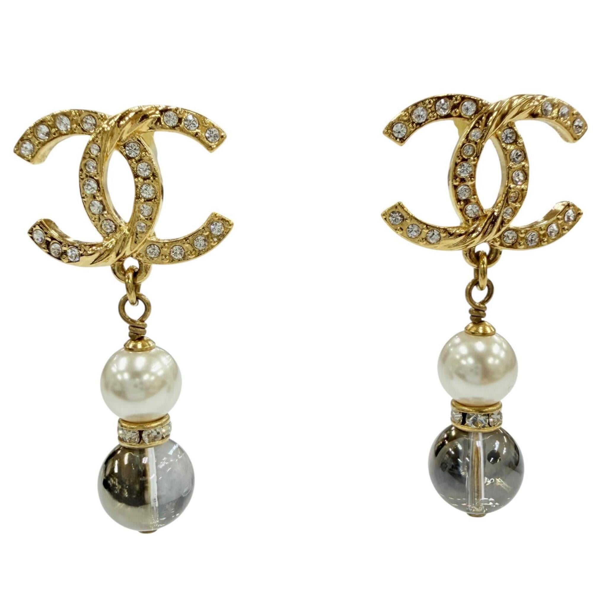 CHANEL A23C Coco Mark Rhinestone Pearl Stone Swing Earrings, Gold, Made in France, Women\'s, with Bo