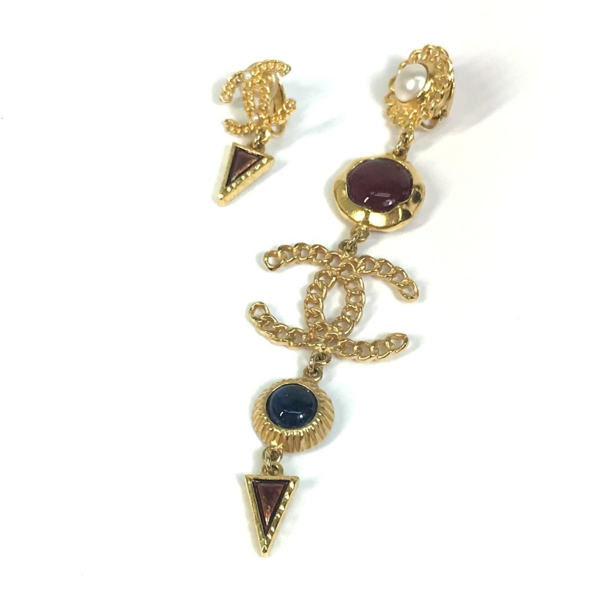 CHANEL CC Coco Mark Color Stone Faux Pearl A18K Earrings GP Women\'s Gold x Multicolor