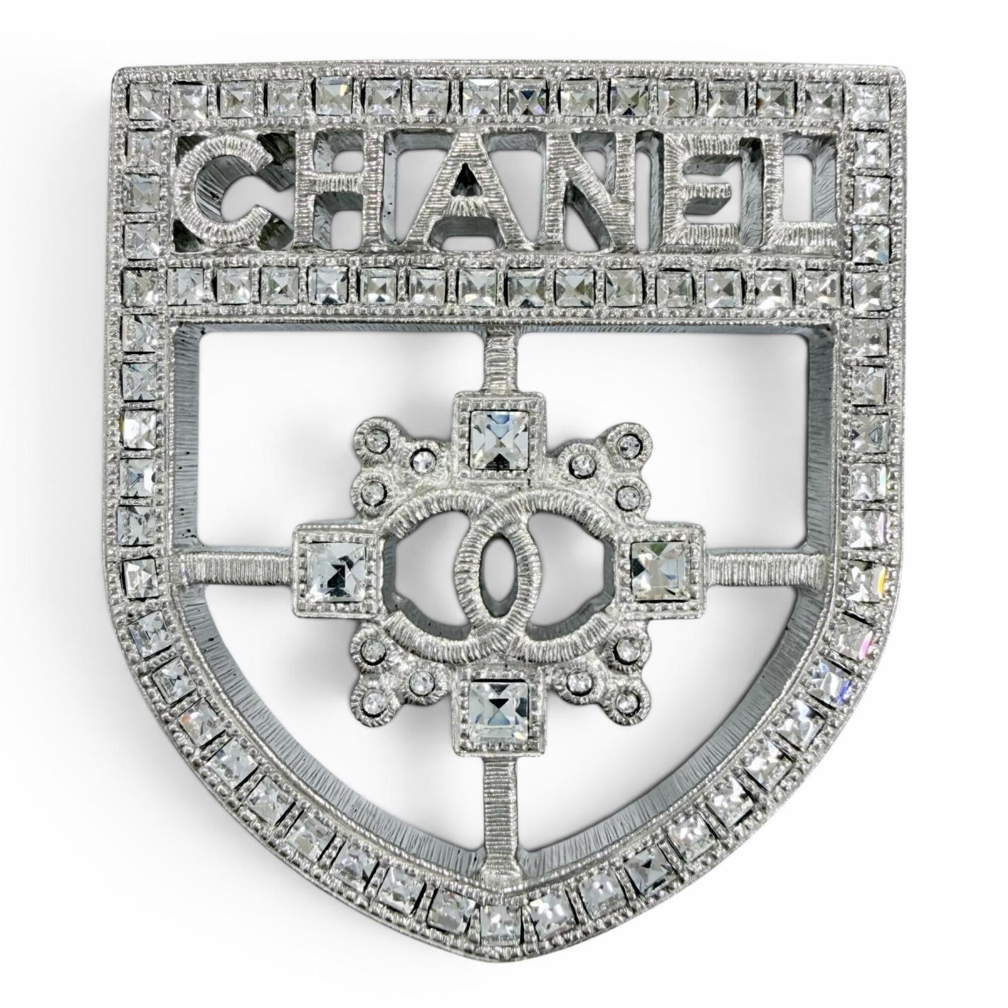 CHANEL B15B Emblem Logo Coco Mark Rhinestone Brooch, Silver, Made in Italy, Women\'s, with Box