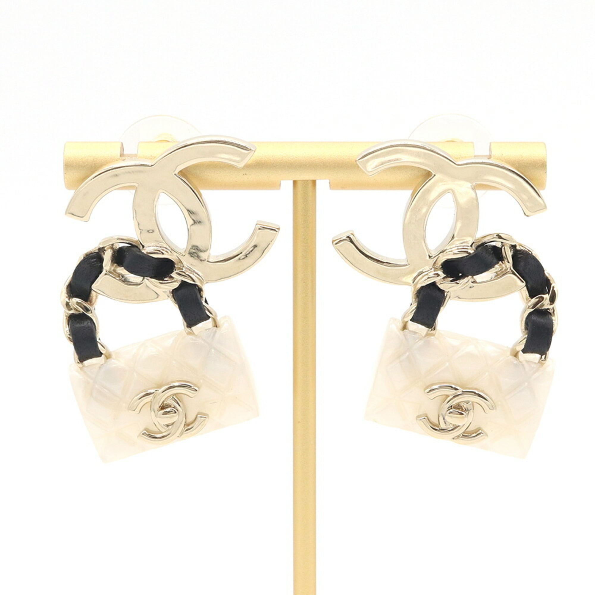 Chanel Earrings ABA008 White Black Matte Gold Resin Leather Metal B23C 2023 Model Year Coco Mark Mat