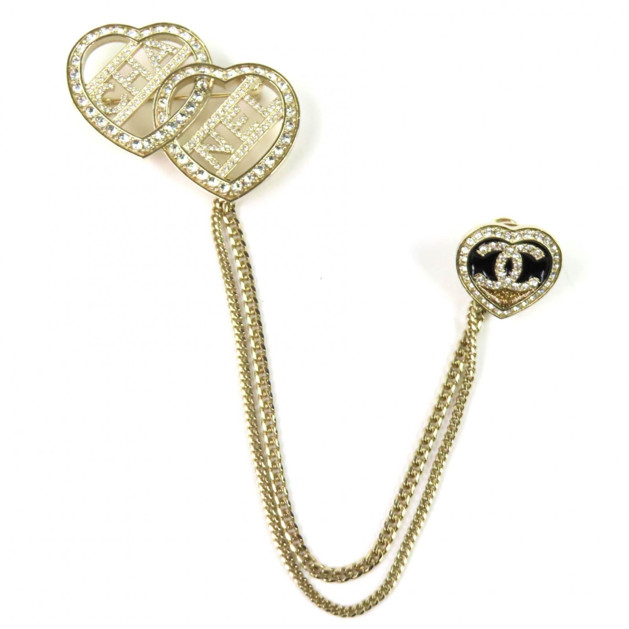 CHANEL C23B ABB655 Coco Mark Metal Strass Double Heart Chain Brooch Gold Women\'s