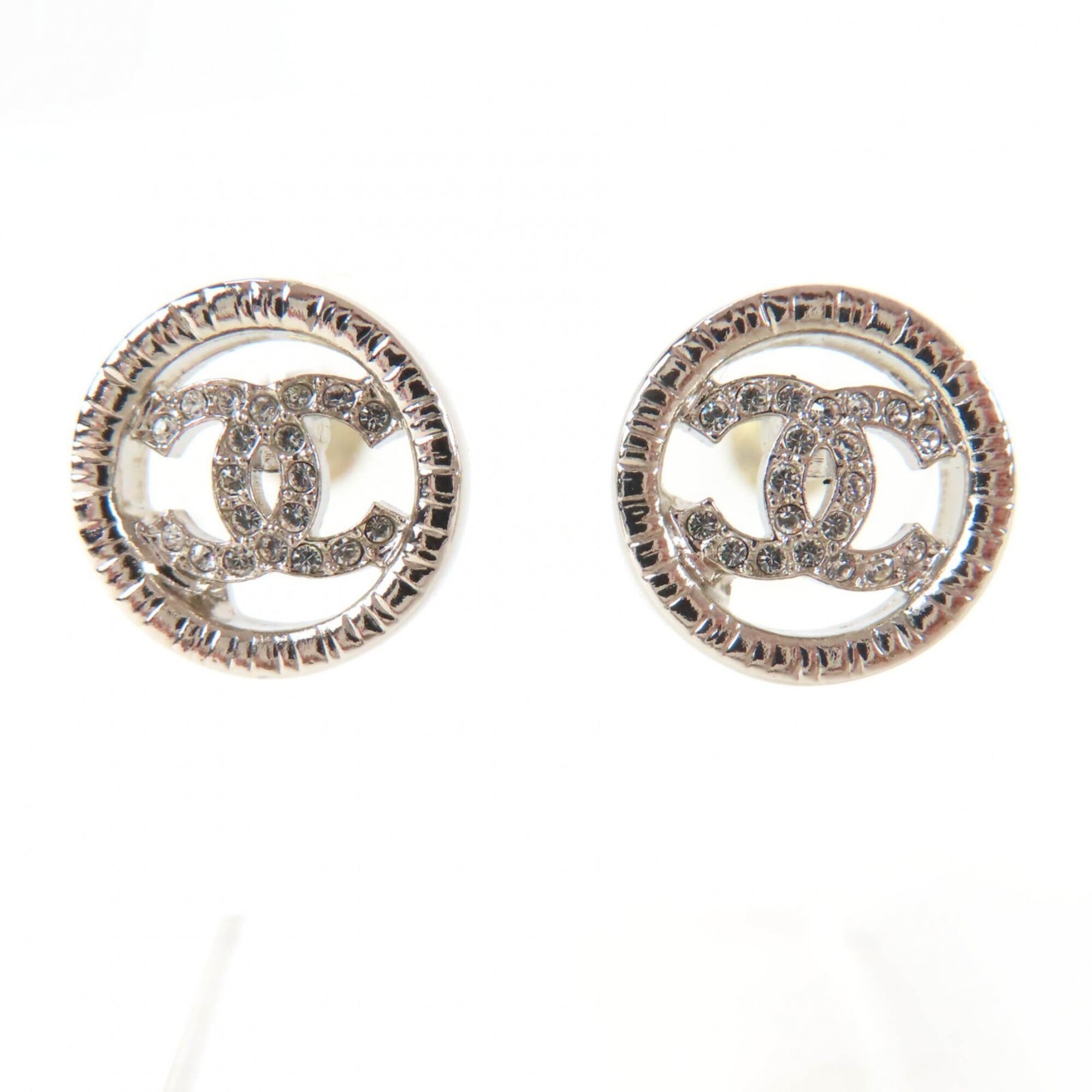 CHANEL AB9068 A22A Metal Coco Mark Rhinestone Circle Earrings, Silver, with Box, Made in France, Wom